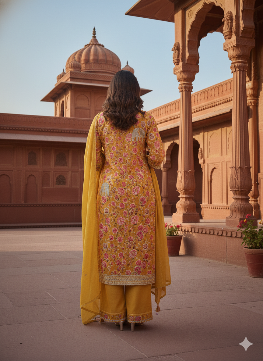 Mustard Embroidered kurta with Dupatta Set
