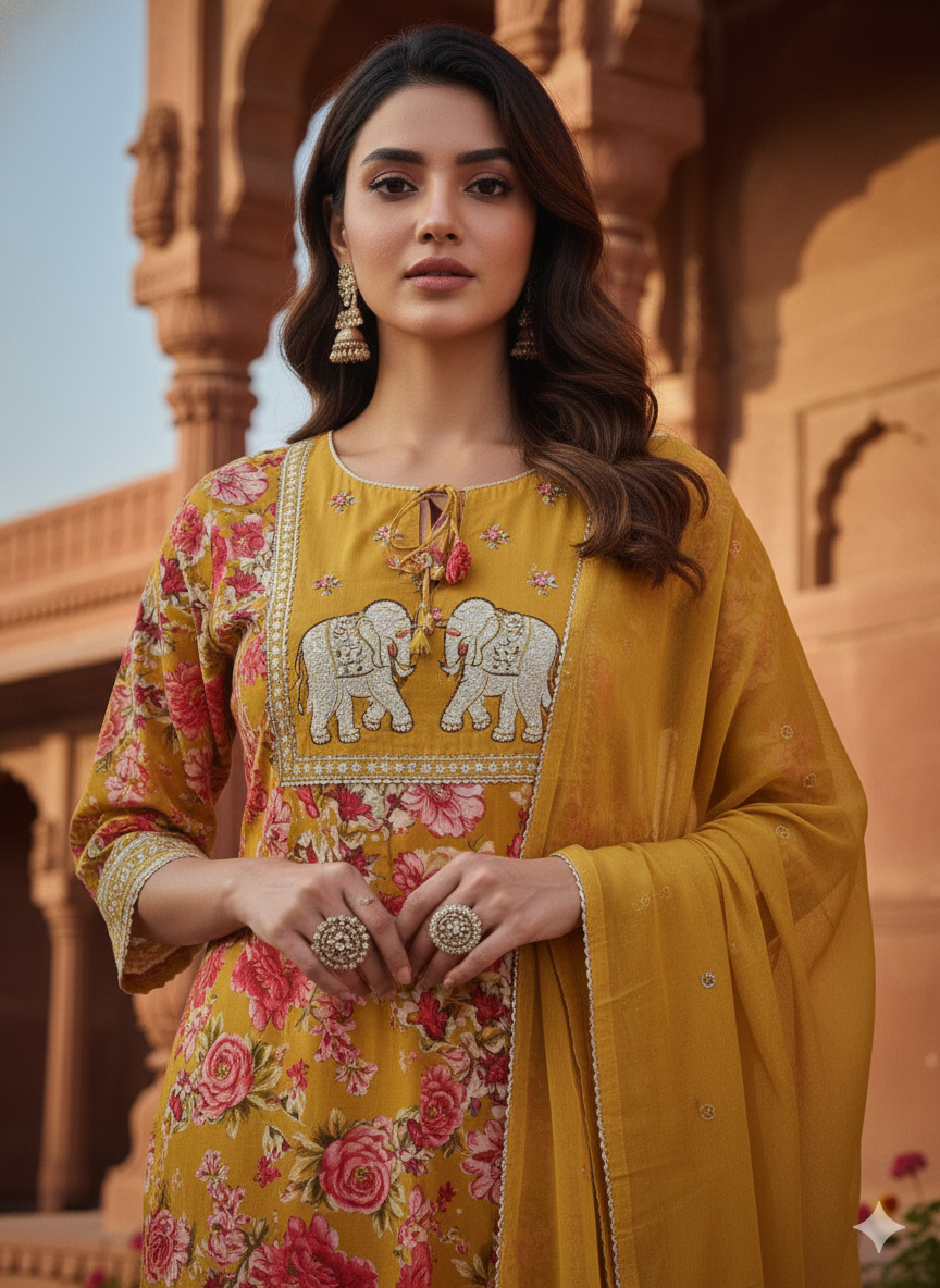 Mustard Embroidered kurta with Dupatta Set