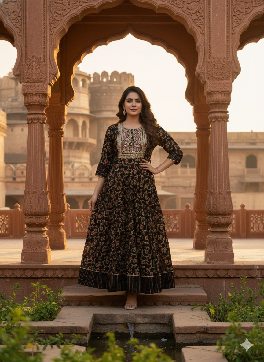 Black Embroidered kurta without Dupatta