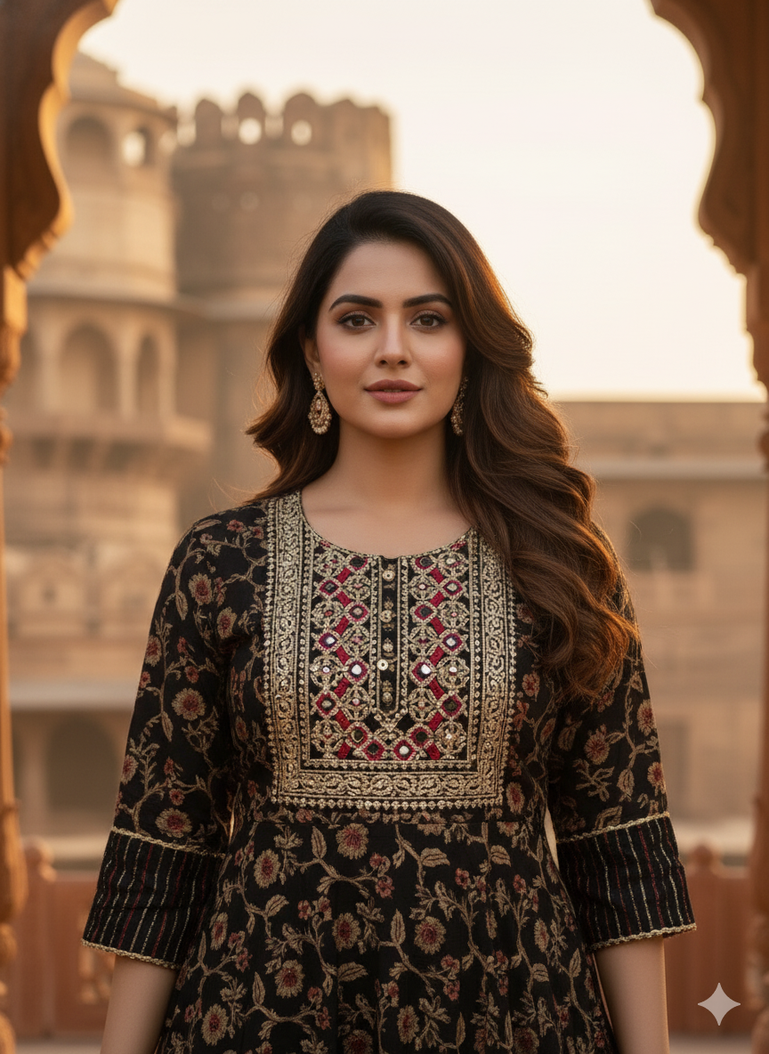 Black Embroidered kurta without Dupatta