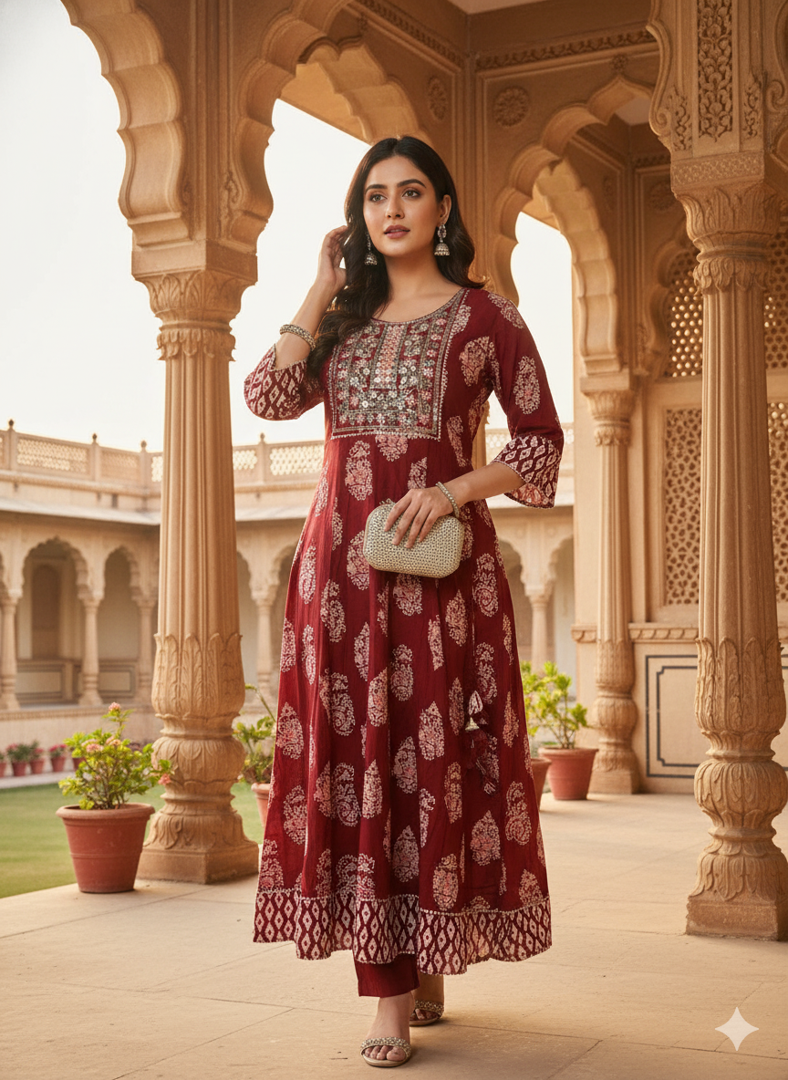 Red Embroidered kurta Set