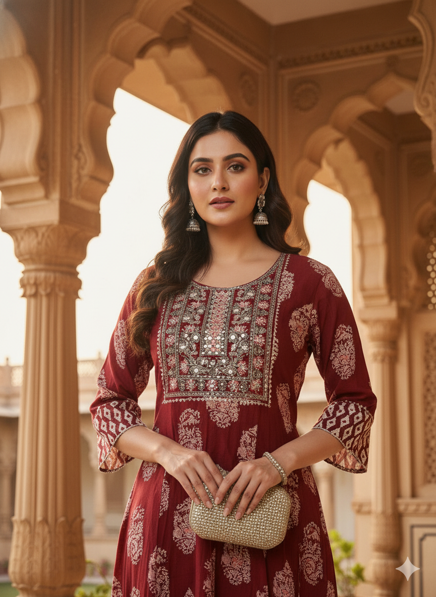 Red Embroidered kurta Set