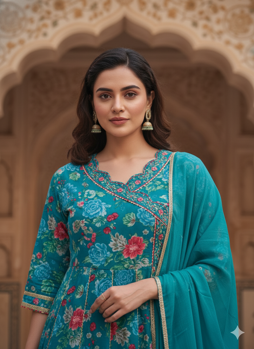 Blue Embroidered Velvet Straight Suit With Dupatta