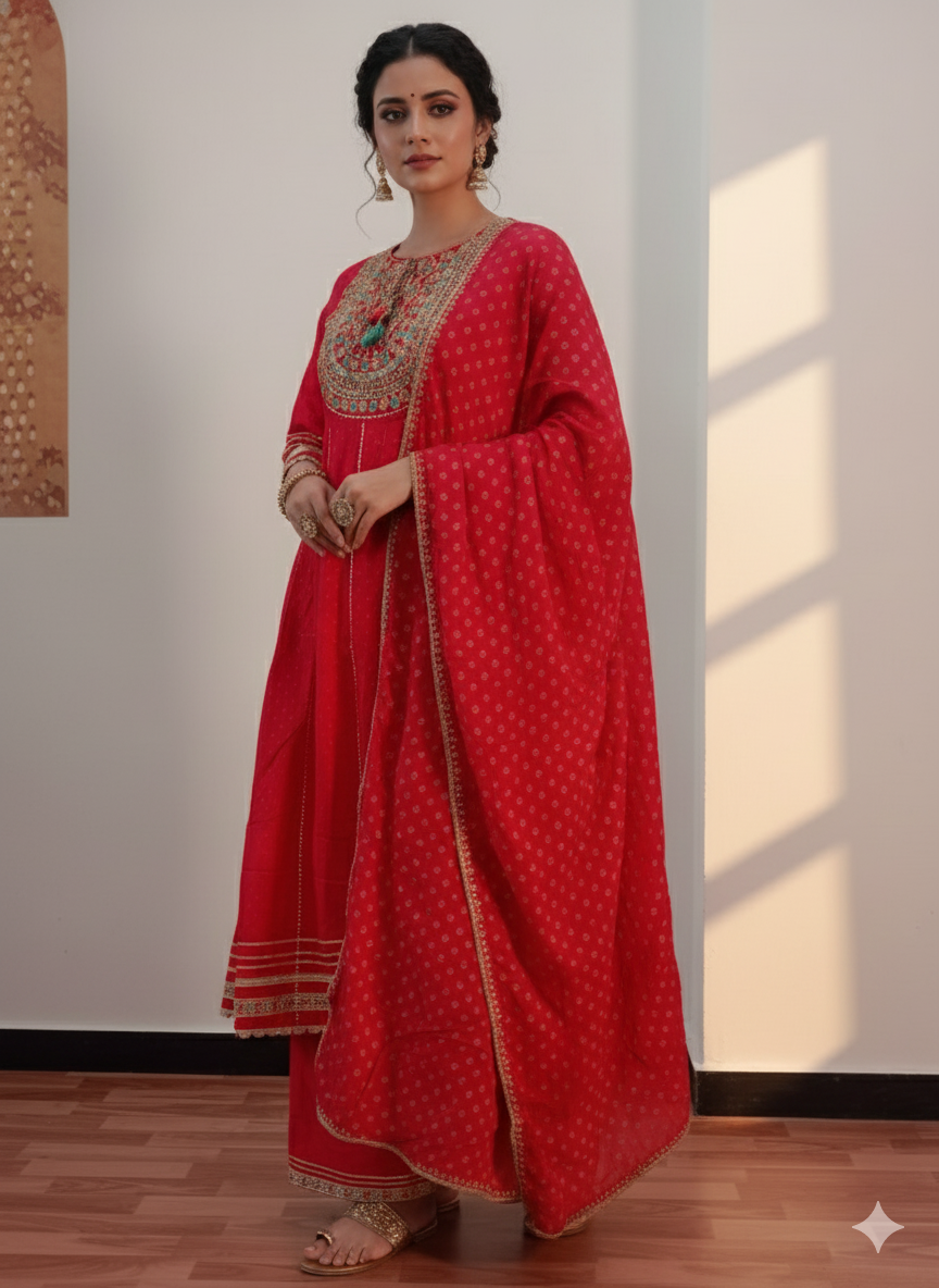 Red Embroidered kurta with Dupatta Set