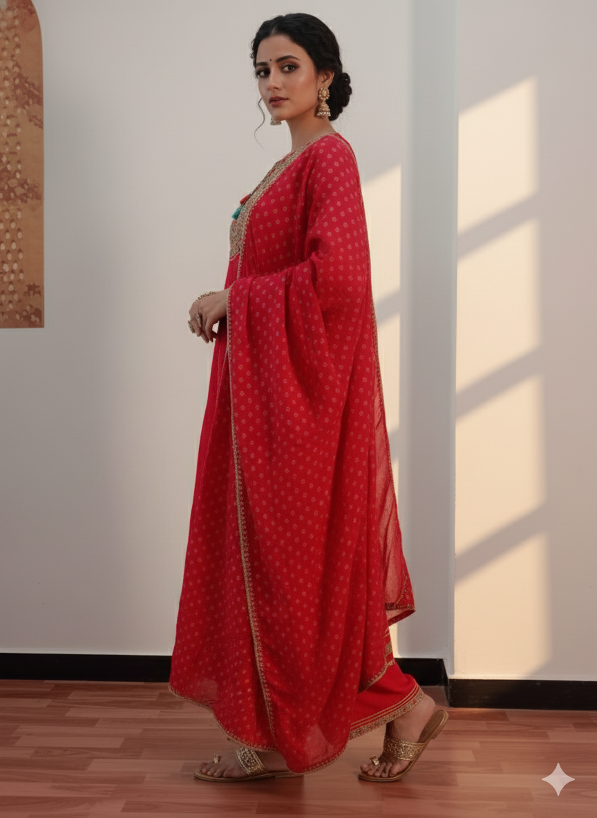 Red Embroidered kurta with Dupatta Set