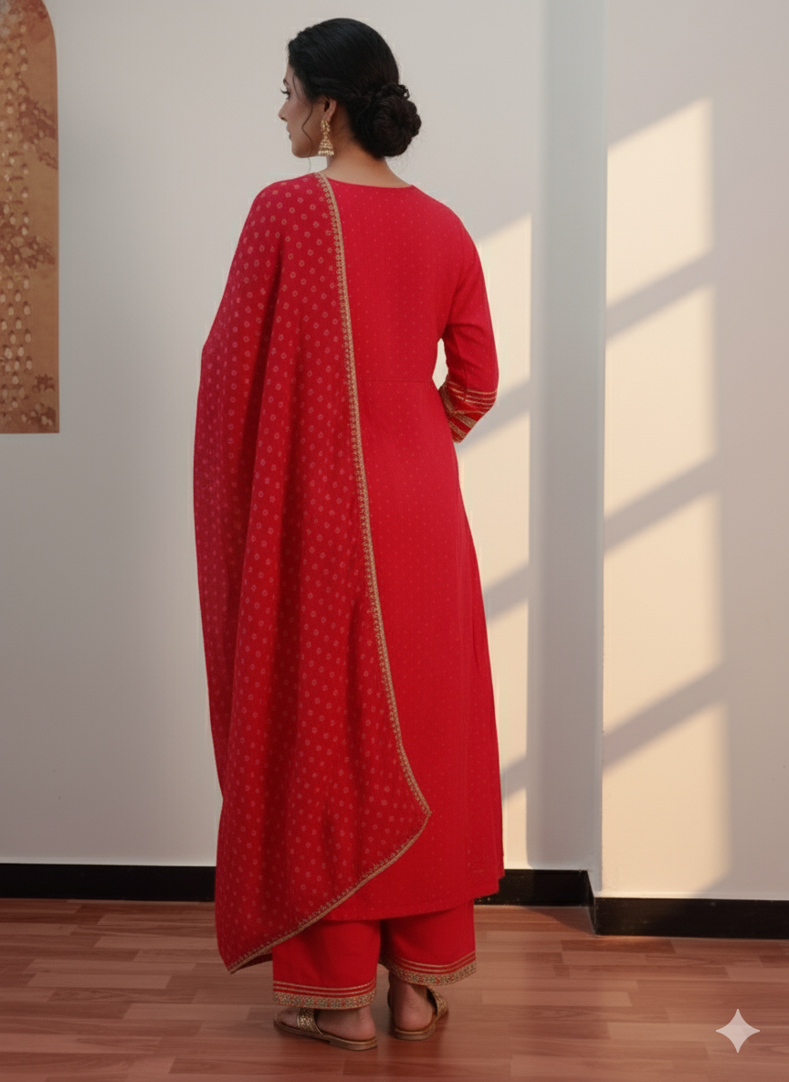 Red Embroidered kurta with Dupatta Set