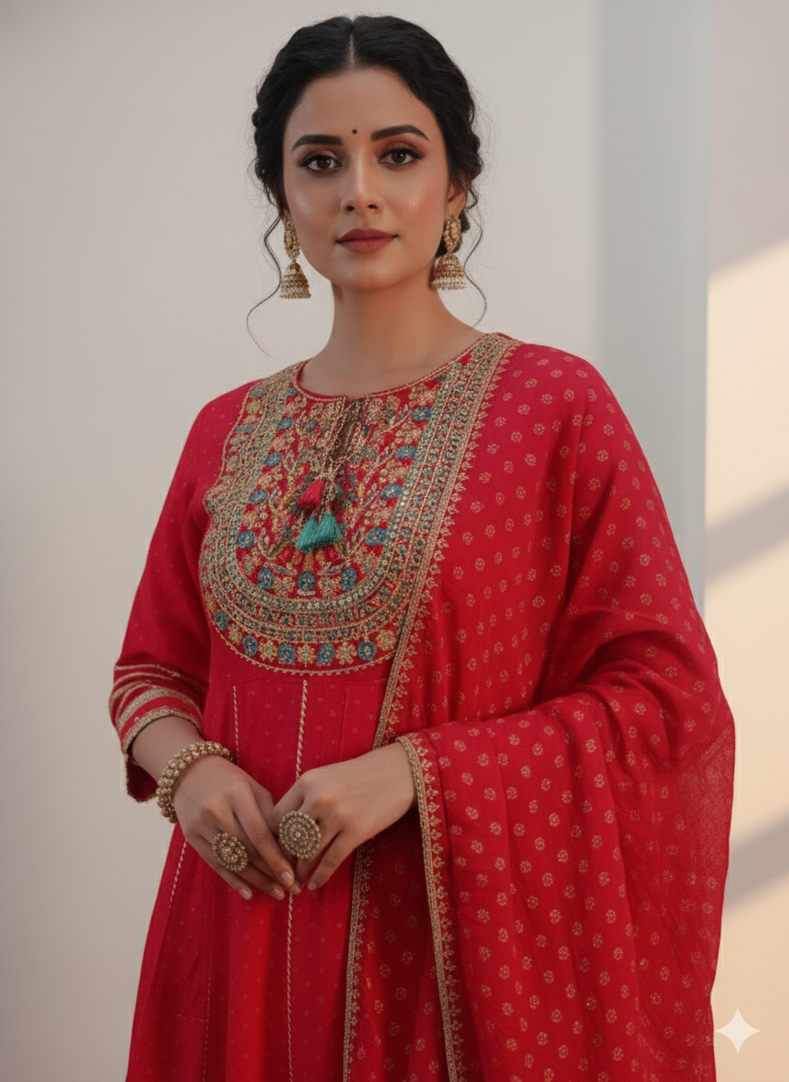 Red Embroidered kurta with Dupatta Set