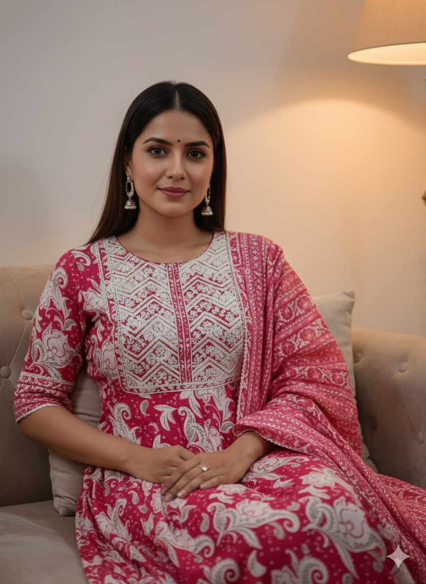 Pink Embroidered kurta with Dupatta Set