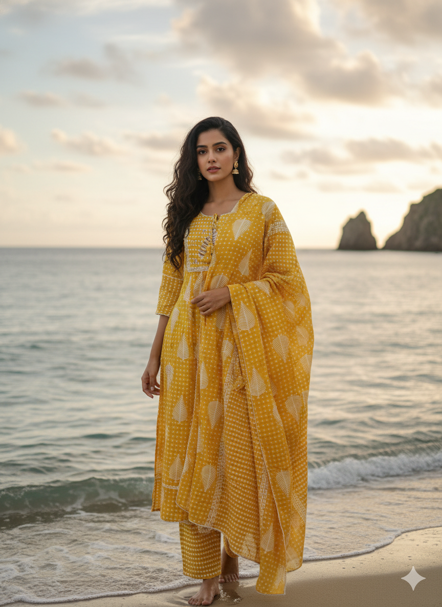 Yellow White Embroidered kurta with Dupatta Set