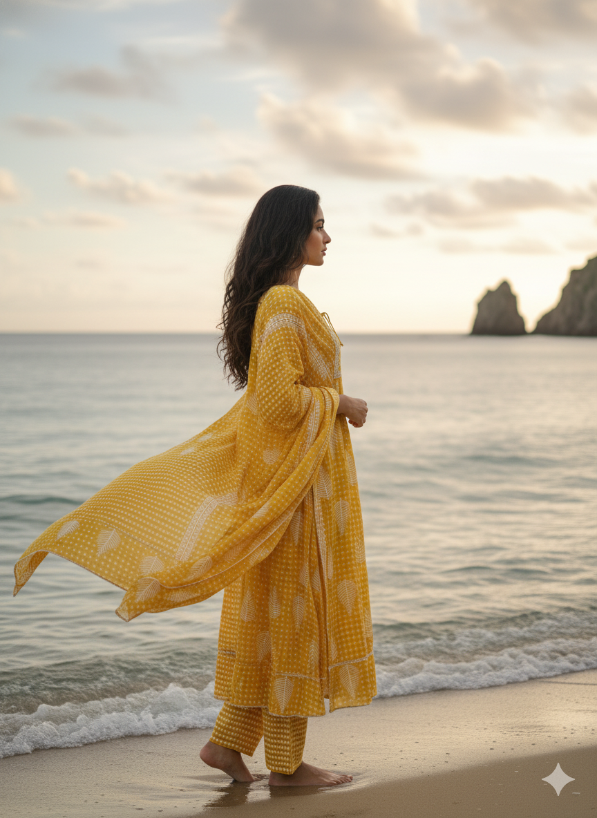 Yellow White Embroidered kurta with Dupatta Set
