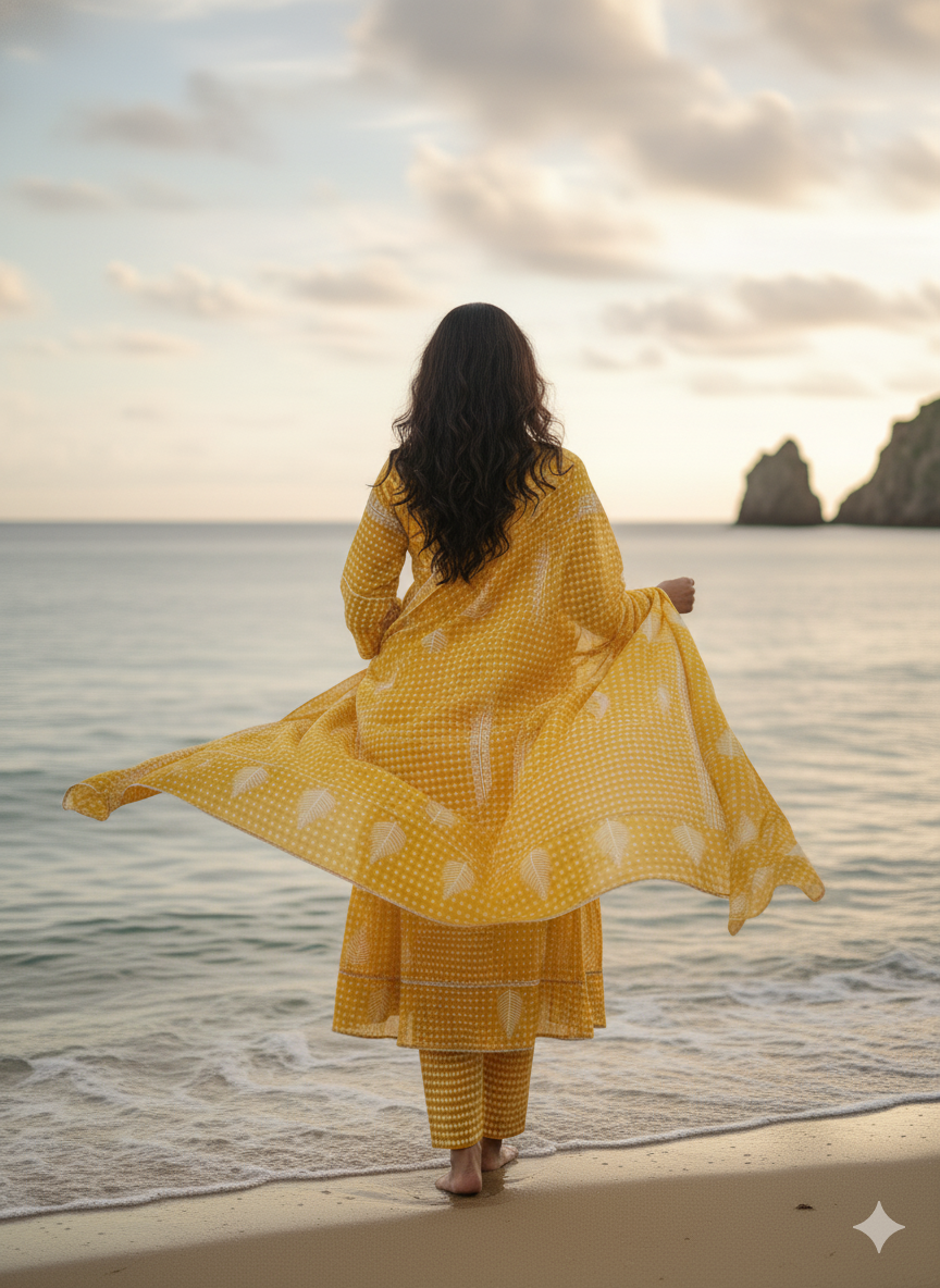Yellow White Embroidered kurta with Dupatta Set