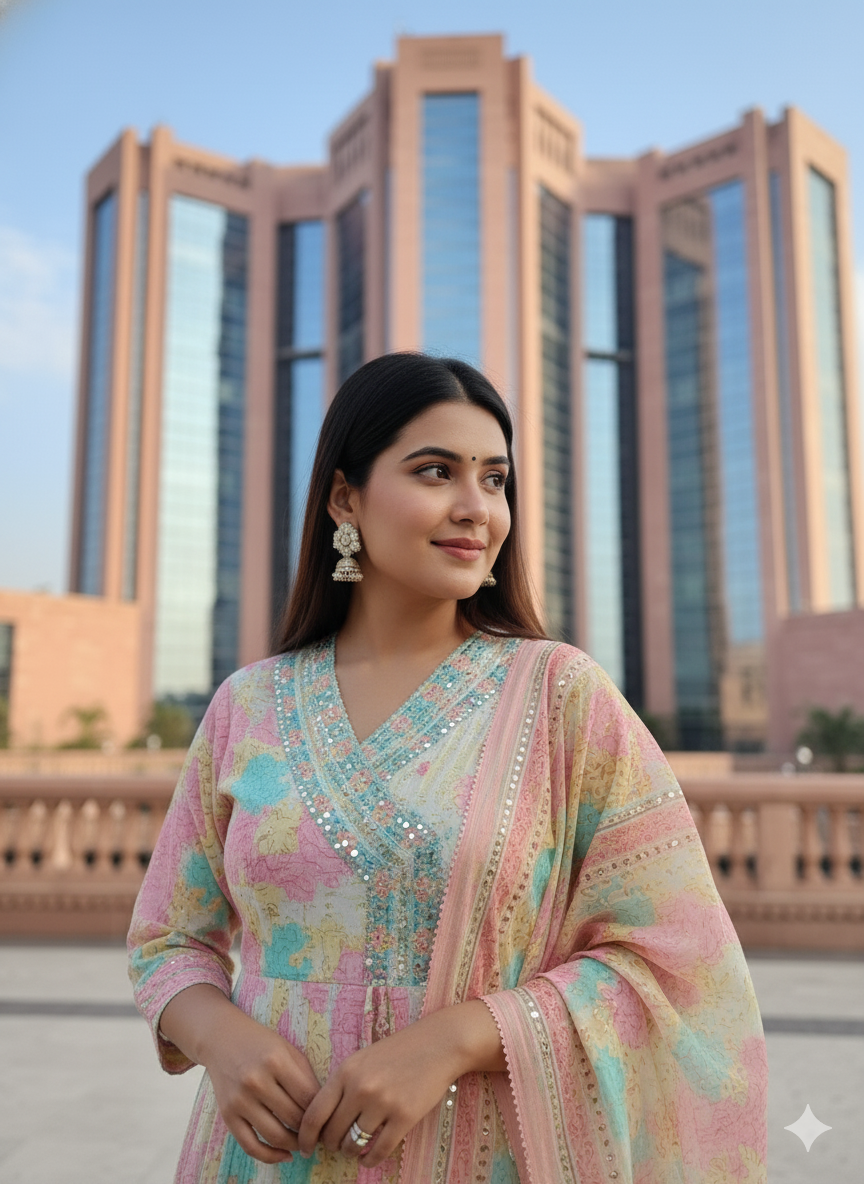 Multi Color Embroidered Rayon Suit With Dupatta