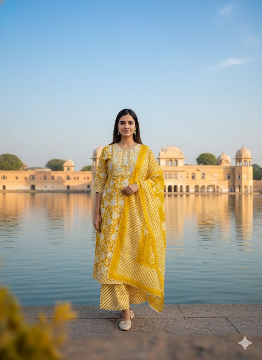 Yellow White Embroidered kurta with Dupatta Set