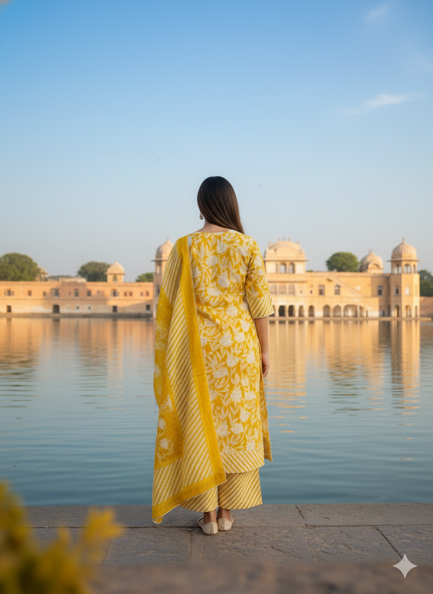 Yellow White Embroidered kurta with Dupatta Set