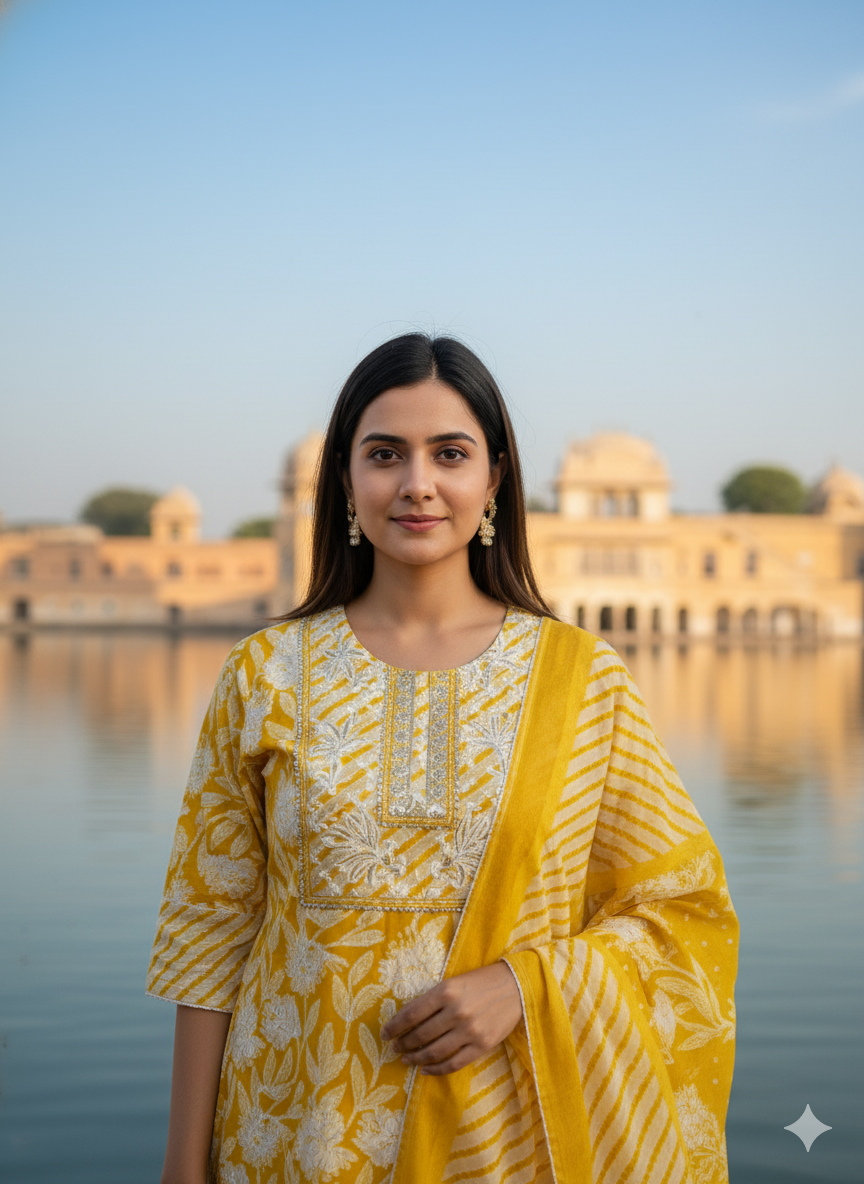 Yellow White Embroidered kurta with Dupatta Set