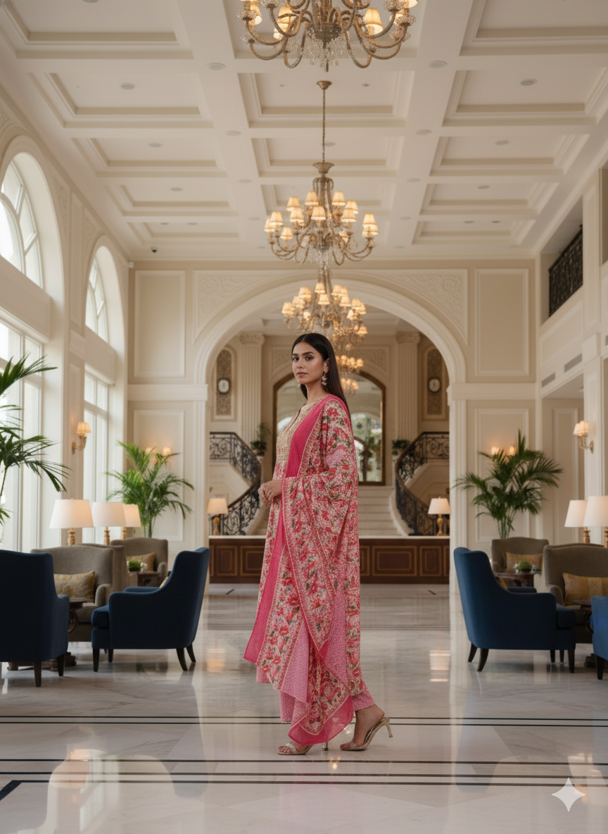 Pink Embroidered kurta with Dupatta Set