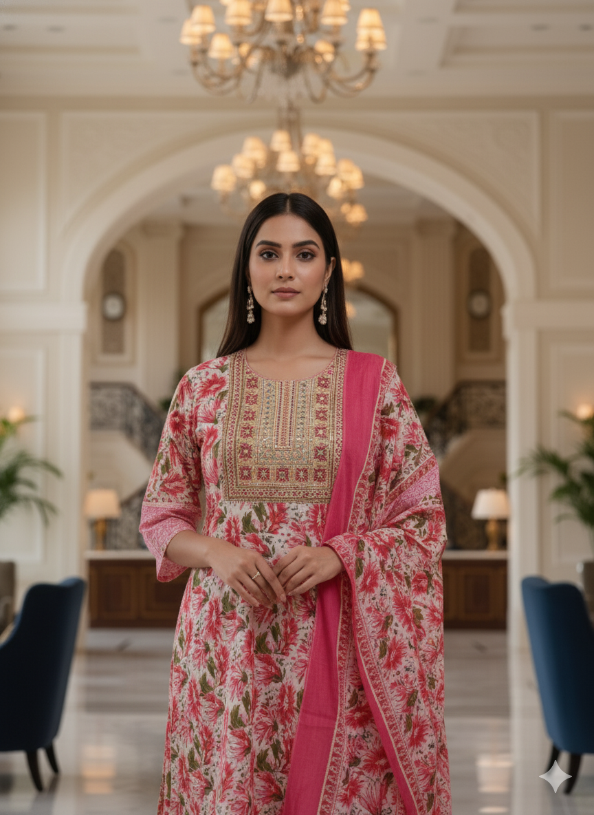 Pink Embroidered kurta with Dupatta Set