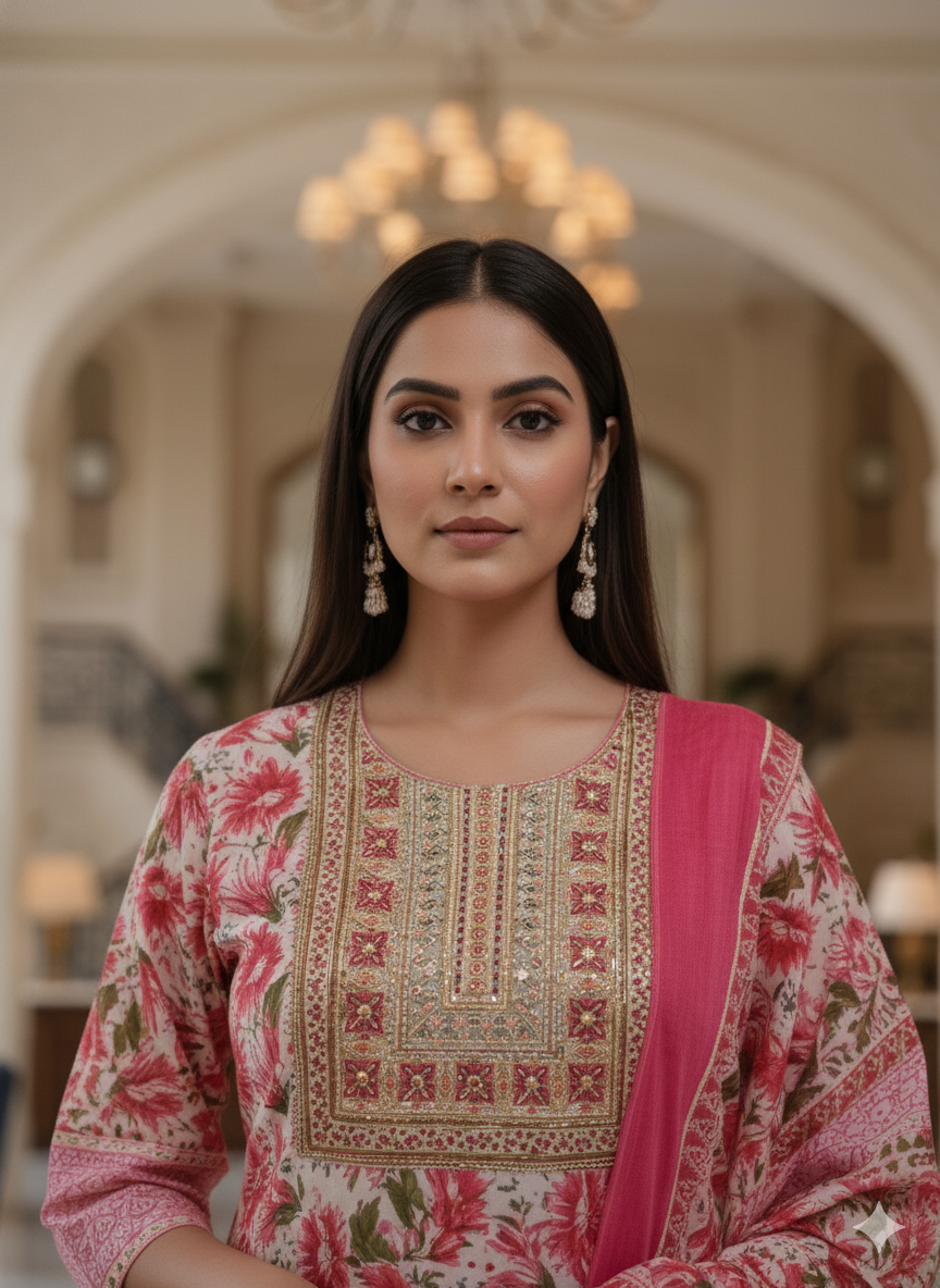 Pink Embroidered kurta with Dupatta Set