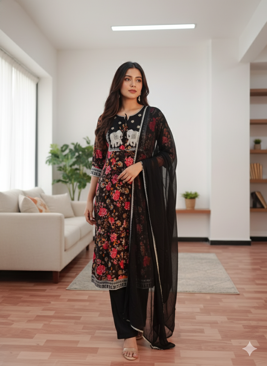 Black Red Embroidered With Black Dupatta Set