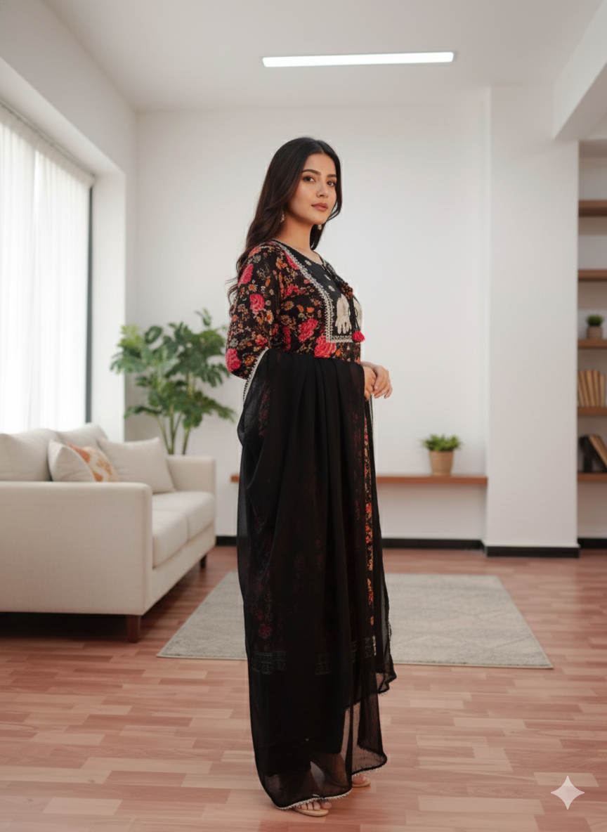 Black Red Embroidered With Black Dupatta Set