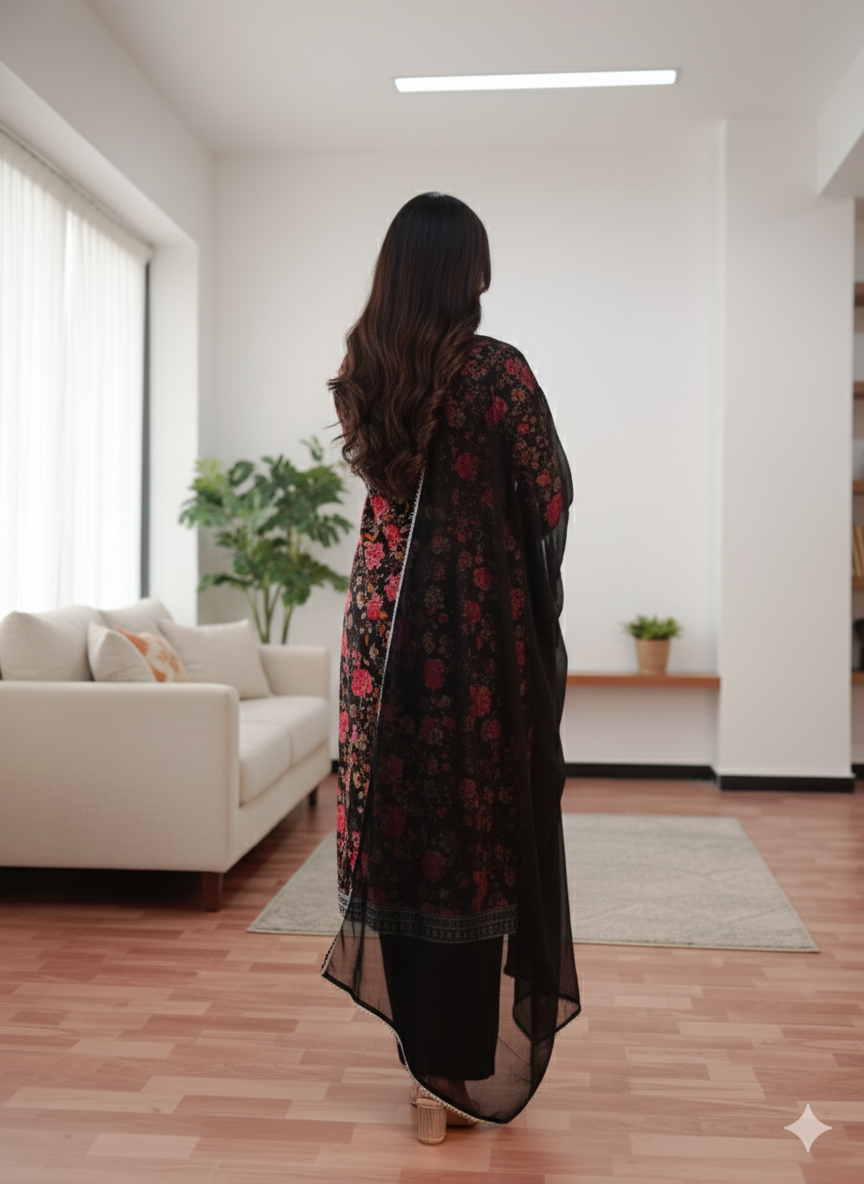 Black Red Embroidered With Black Dupatta Set