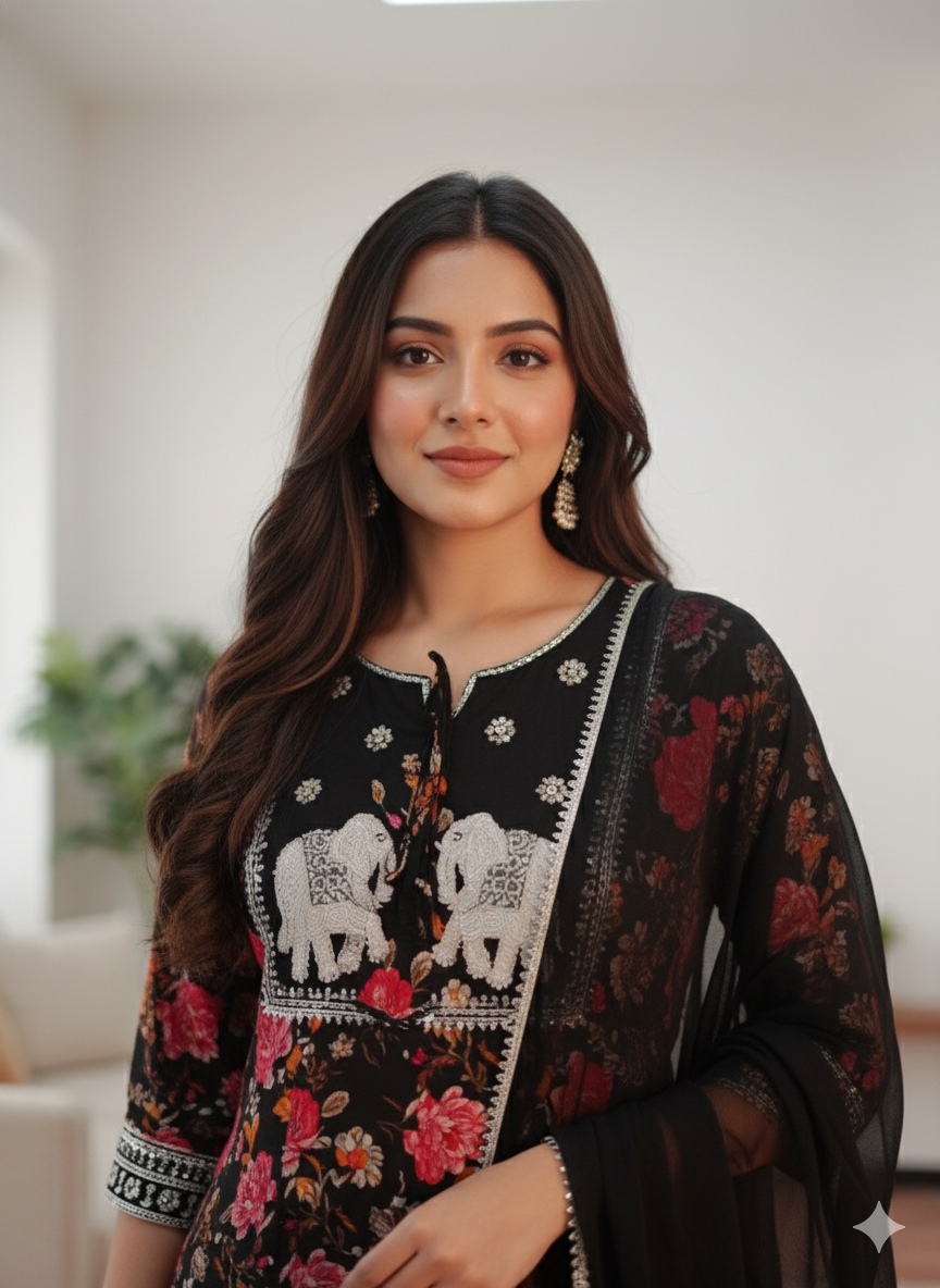 Black Red Embroidered With Black Dupatta Set