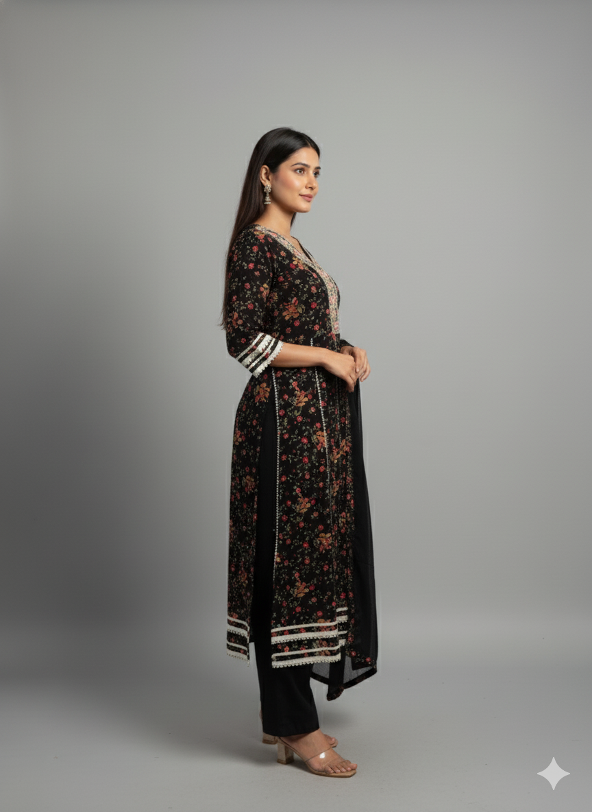 Full Black Embroidered Dupatta set