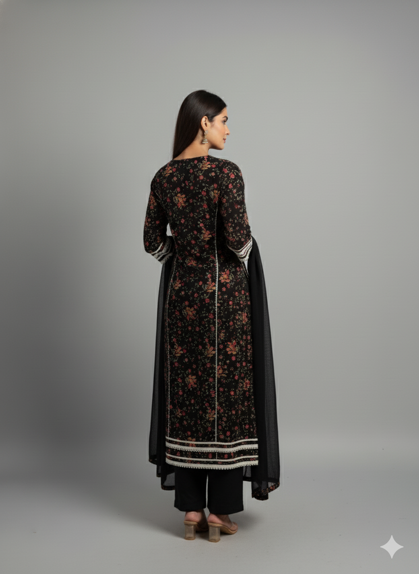 Full Black Embroidered Dupatta set