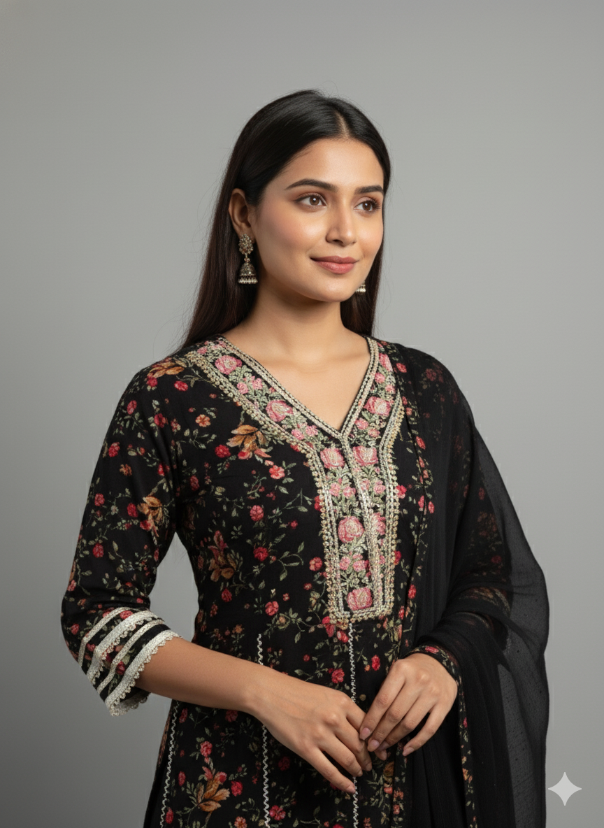 Full Black Embroidered Dupatta set