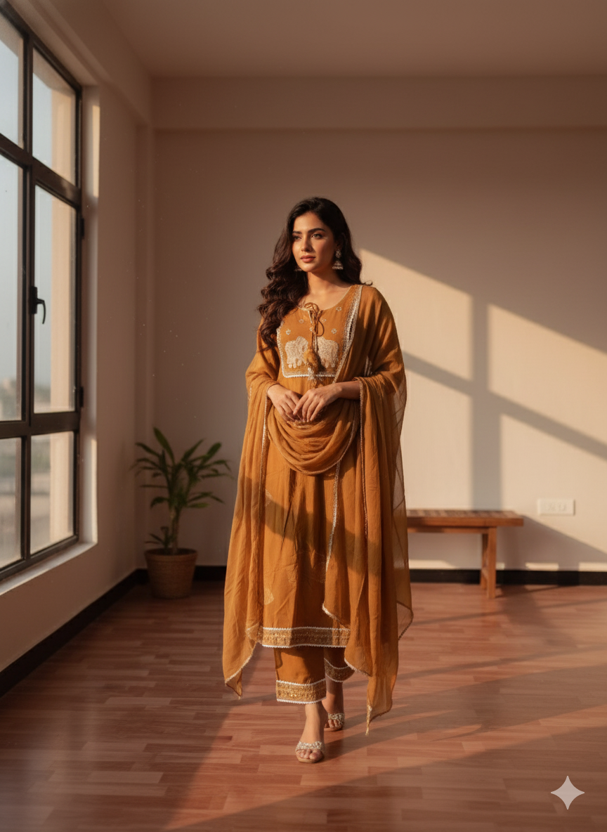 Brown Embroidered With Dupatta set