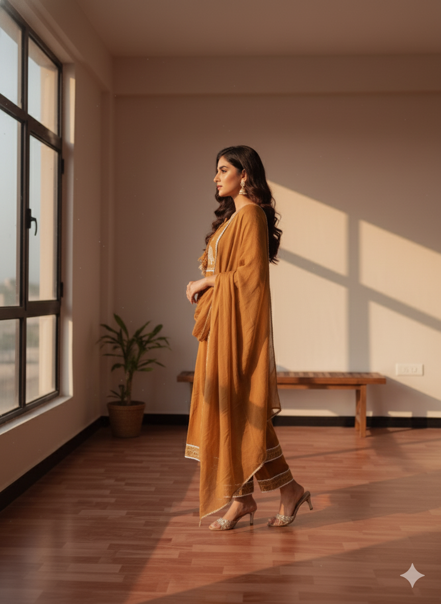 Brown Embroidered With Dupatta set