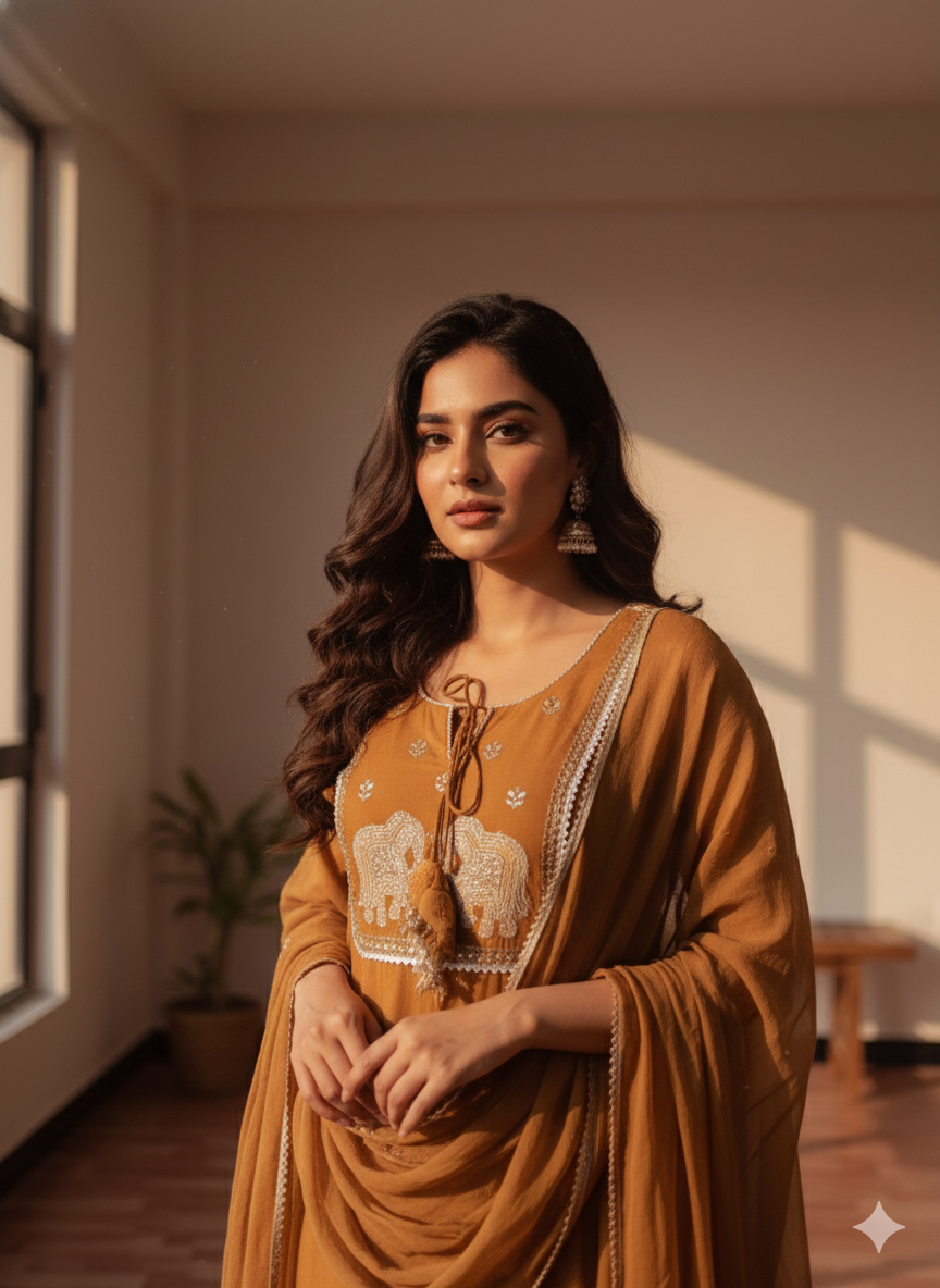 Brown Embroidered With Dupatta set